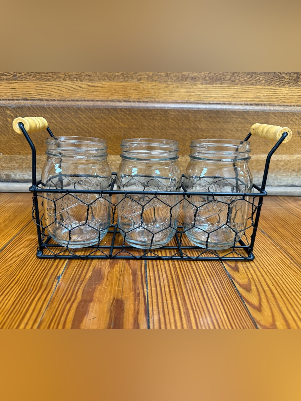Glass Mason Jar Set with Black Wire Carrier and Wood Handles